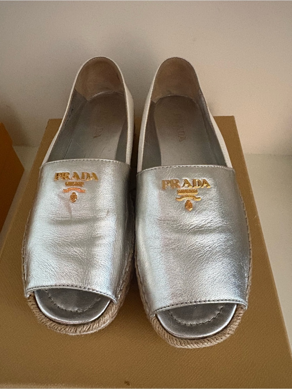 Prada Metallic Silver Leather Espadrille Slides with Gold Logo
